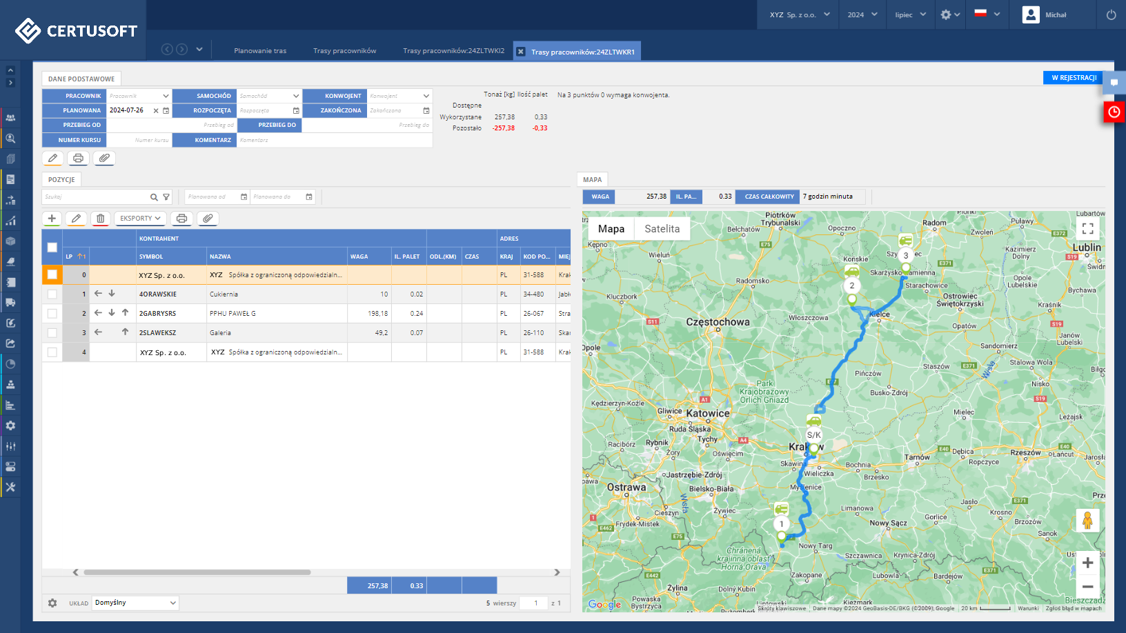 View of the Certusoft WMS driver app; a map and individual destination points are visible.