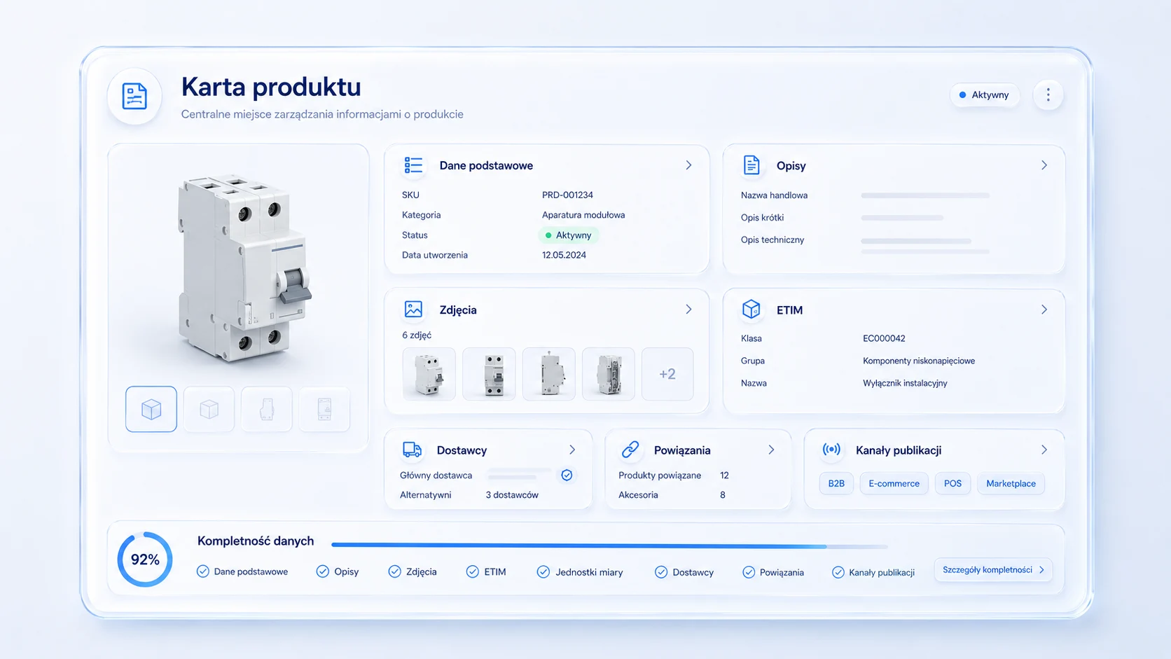 Widok koncepcyjny karty produktu w systemie PIM z sekcjami obejmującymi zdjęcia, opisy, ETIM, jednostki miary, powiązania, dostawców, kanały publikacji i kontrolę kompletności danych.