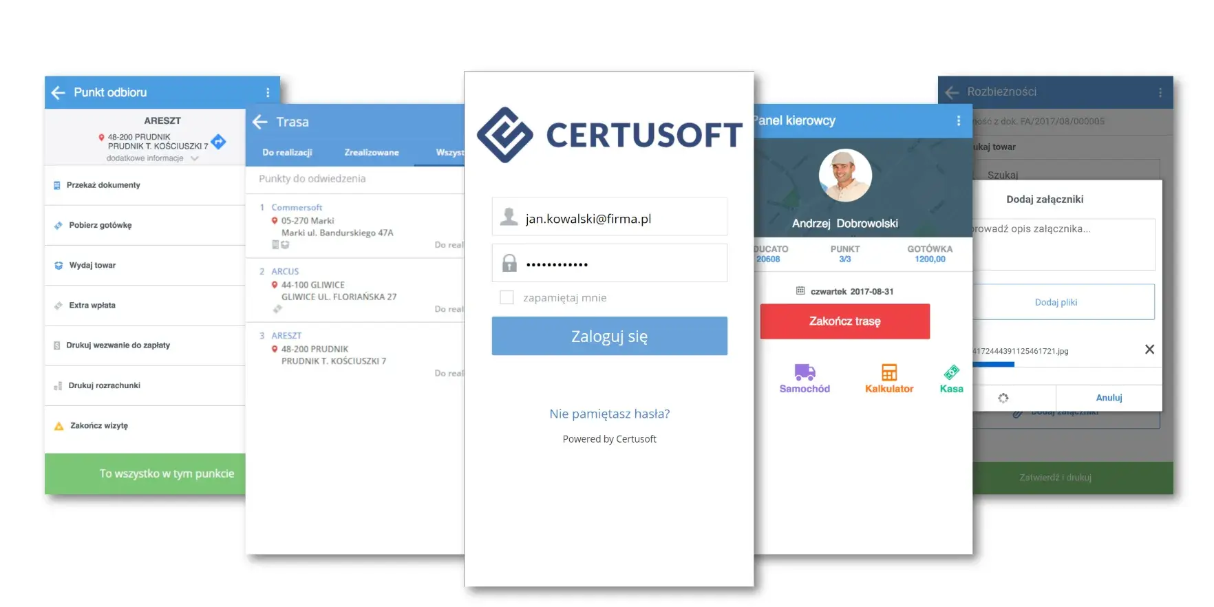 Screenshots from the Certusoft TMS application showing the driver dashboard.